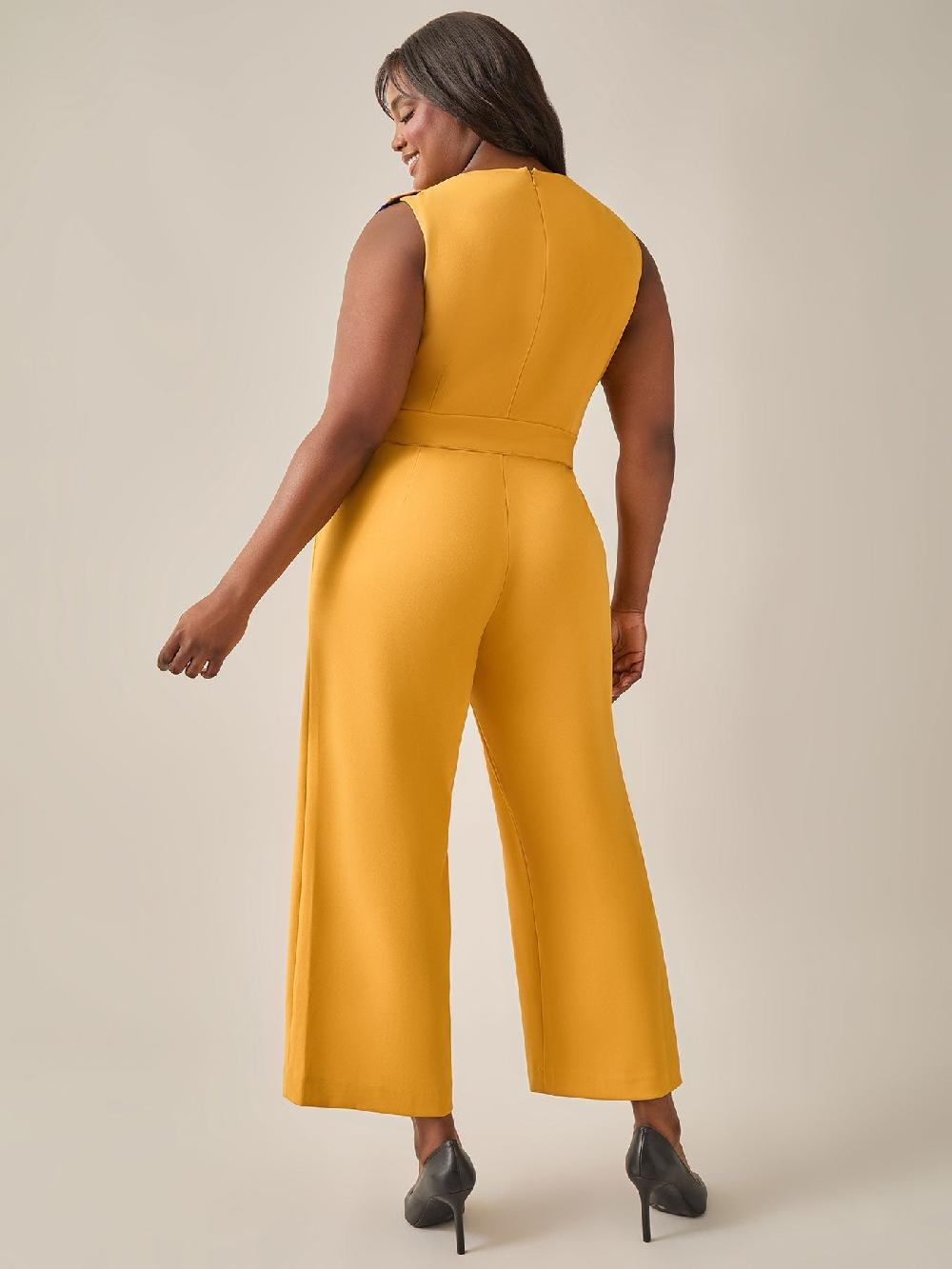 Kasper Plus Size Ruffle Shoulder Jumpsuit Gold Signature