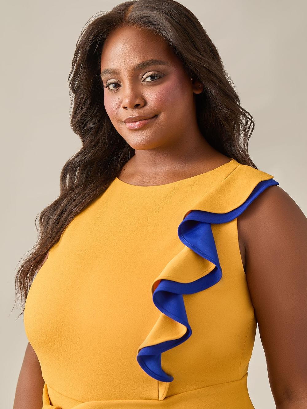 Kasper Plus Size Ruffle Shoulder Jumpsuit Gold Signature