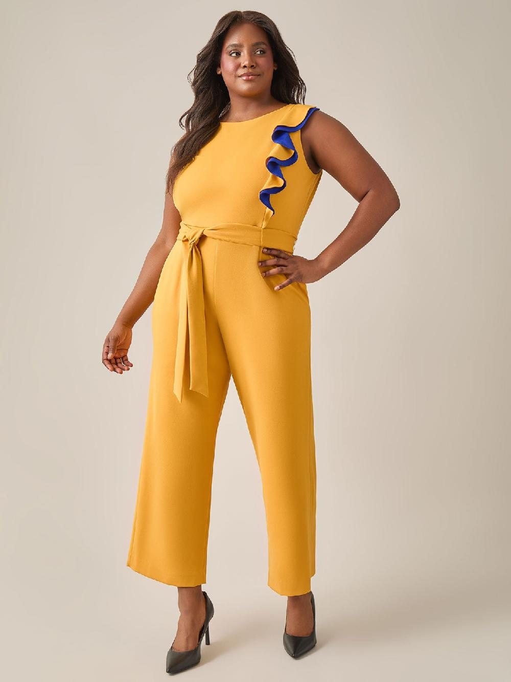 kasper Plus Size Ruffle Shoulder Jumpsuit Gold Signature