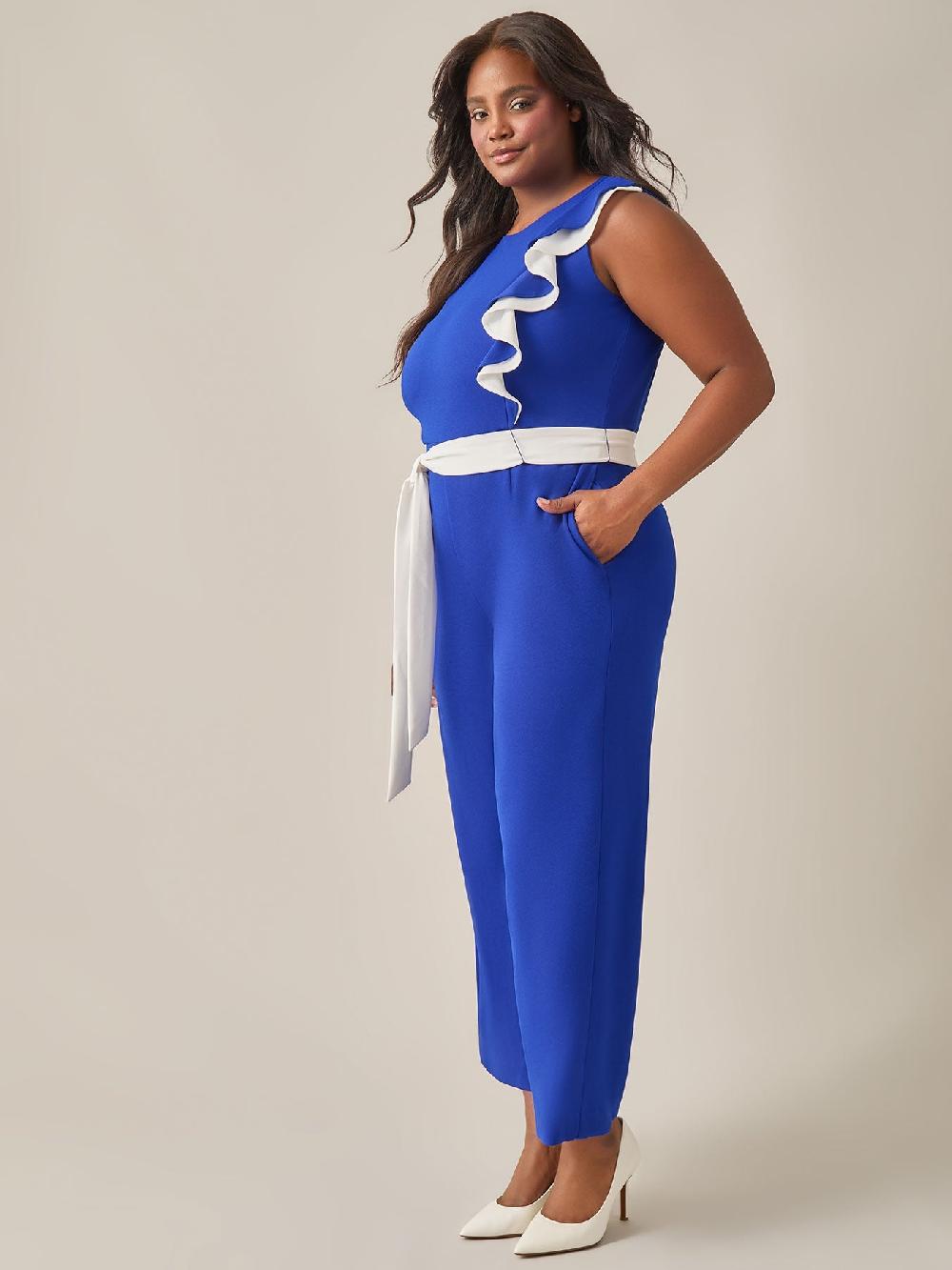 Kasper Plus Size Ruffle Shoulder Jumpsuit Royal Signature