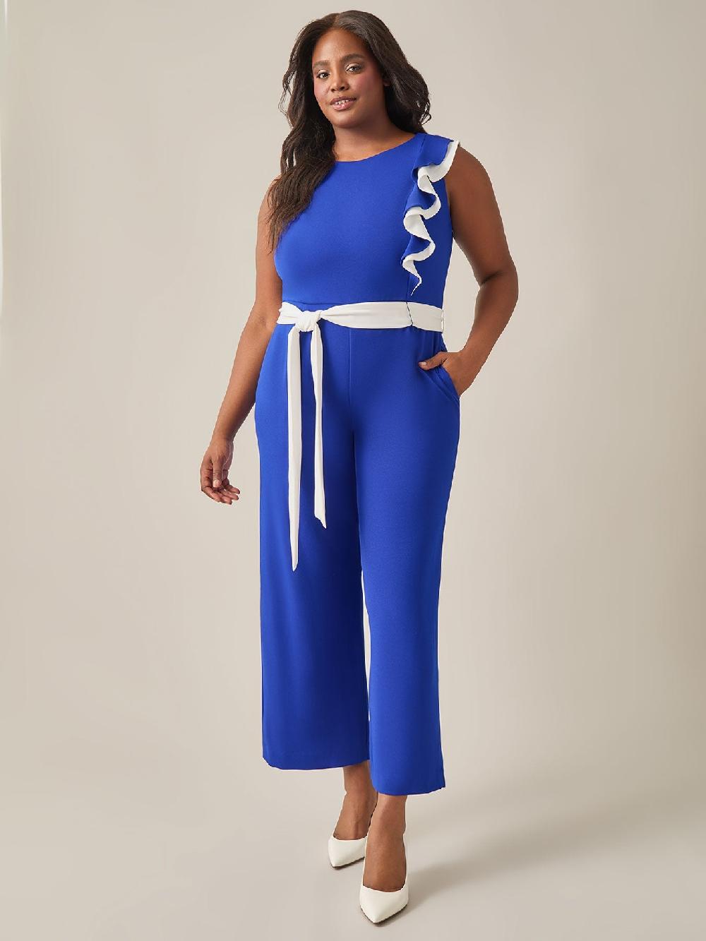 kasper Plus Size Ruffle Shoulder Jumpsuit Royal Signature
