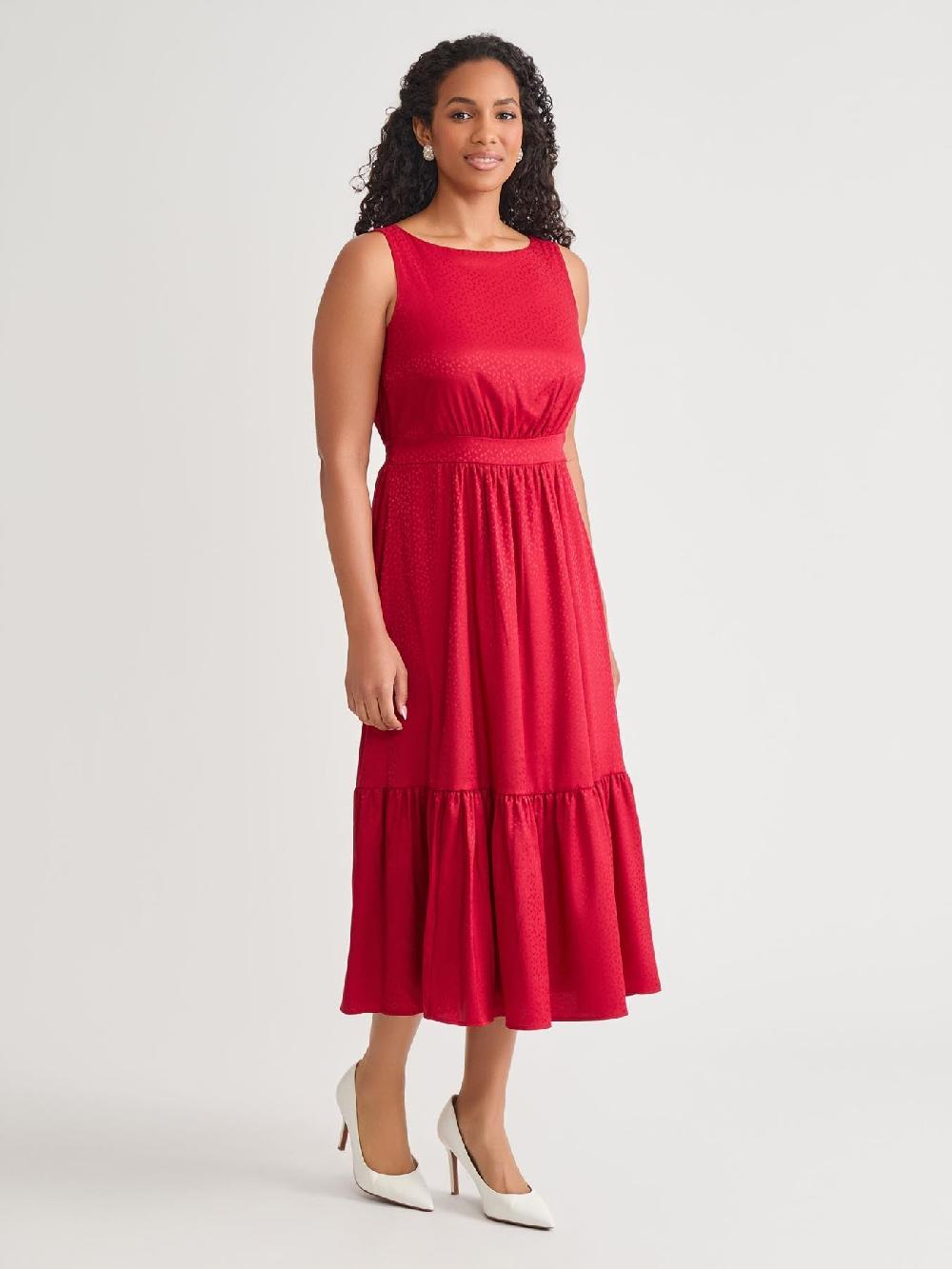 Kasper Plus Sleeveless Boat Neck Tiered Dress Crimson
