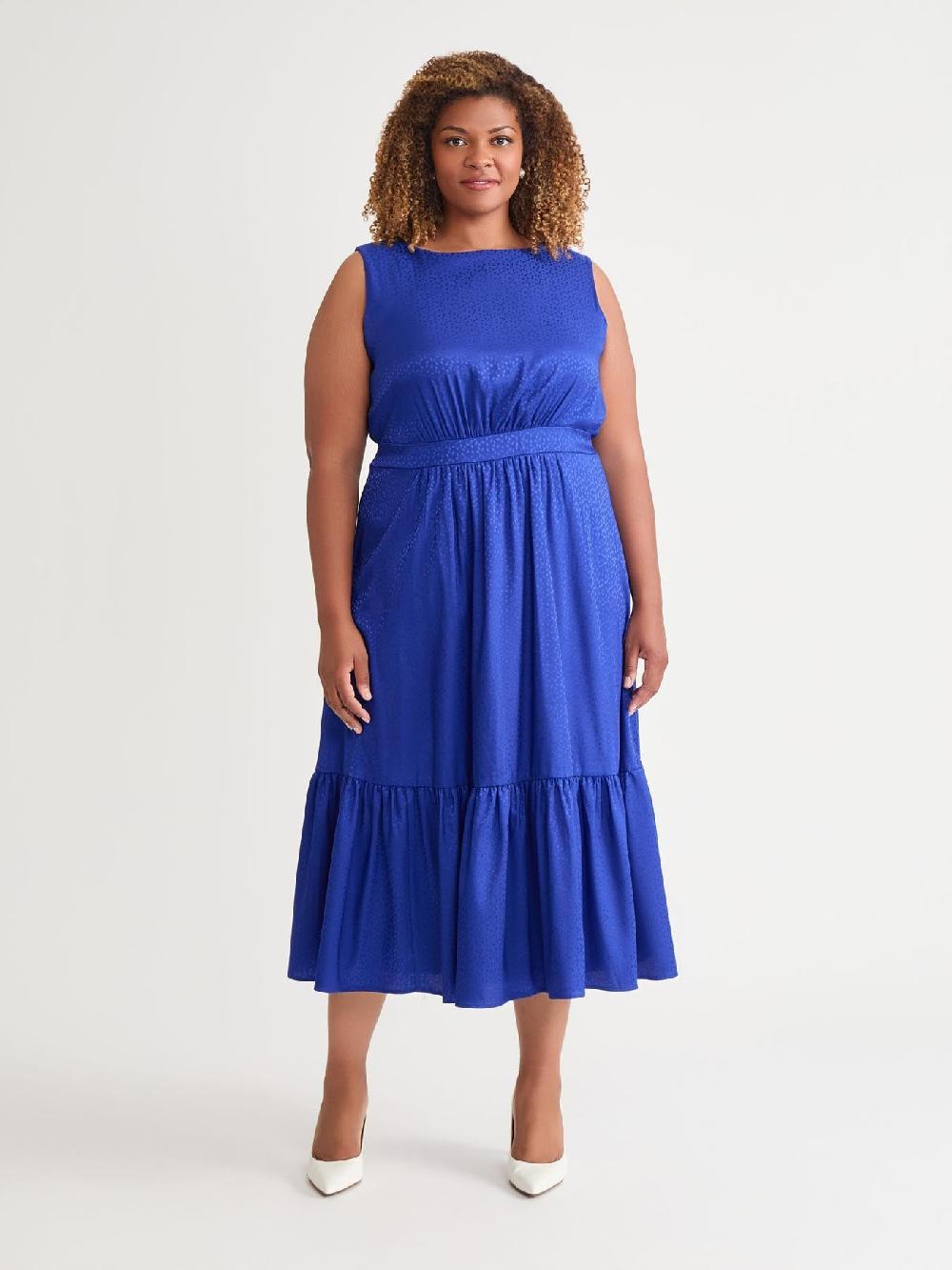 kasper Plus Sleeveless Boat Neck Tiered Dress Royal Signature