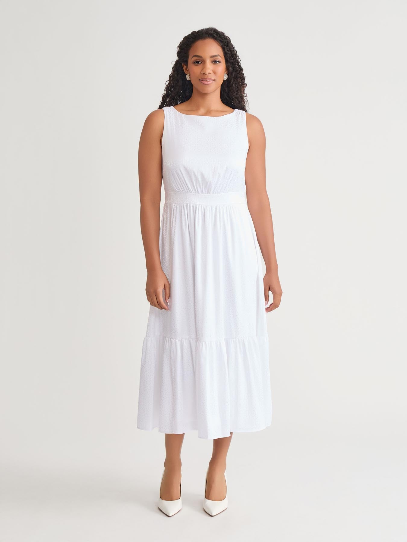 kasper Plus Sleeveless Boat Neck Tiered Dress White