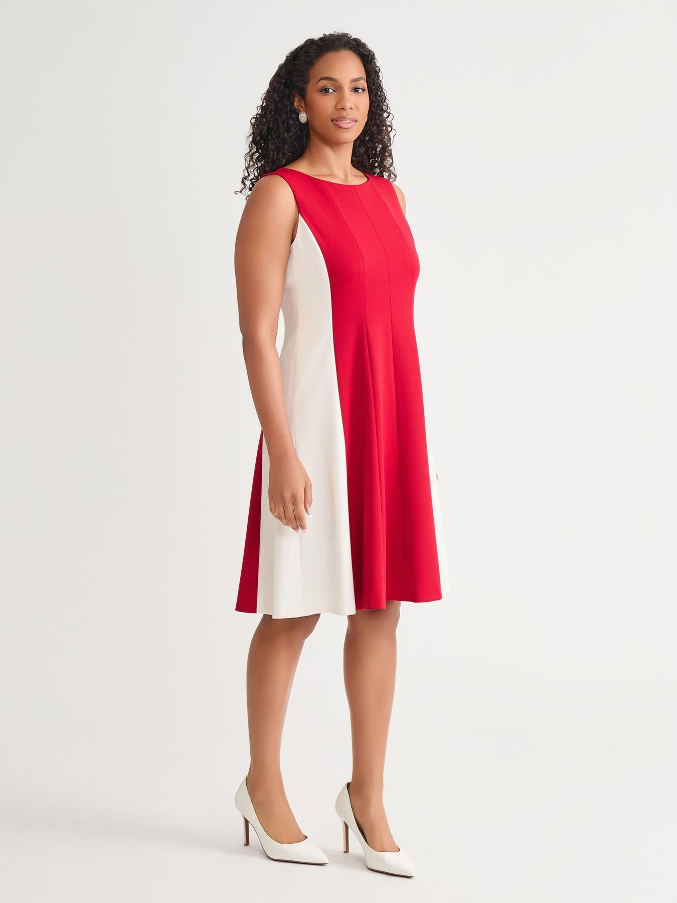 Kasper Plus Sleeveless Multi Seam Fit-and-Flare Dress Crimson/Cream