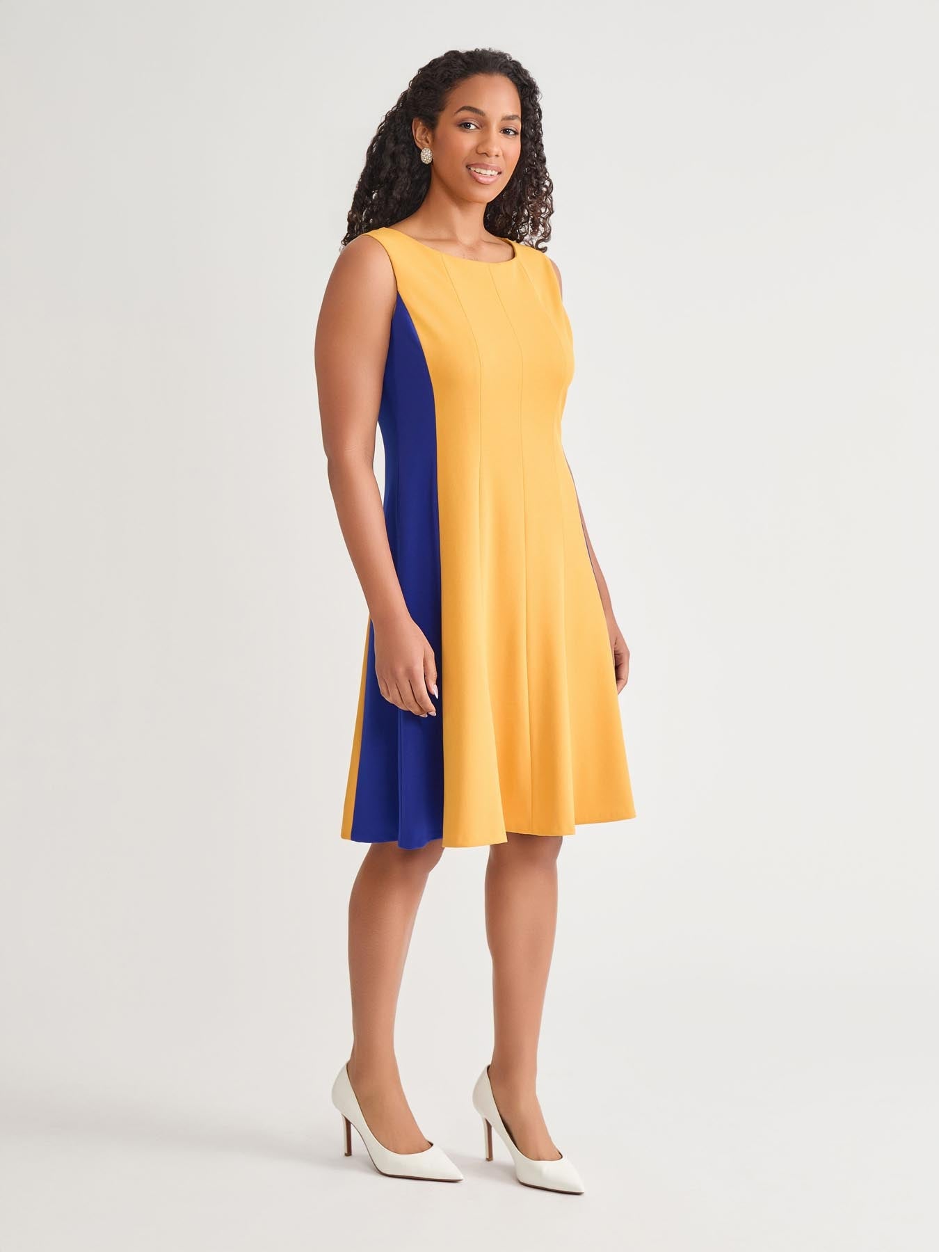 Kasper Plus Sleeveless Multi Seam Fit-and-Flare Dress Gold Signature/Royal Signature