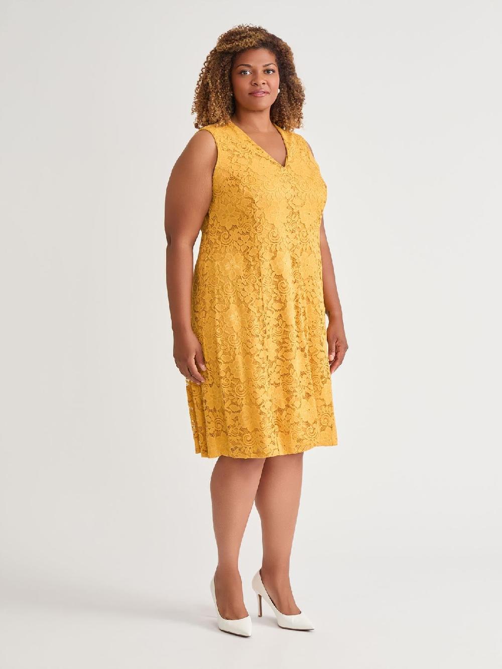 Kasper Plus V-Neck Fit-and-Flare Dress Gold Signature