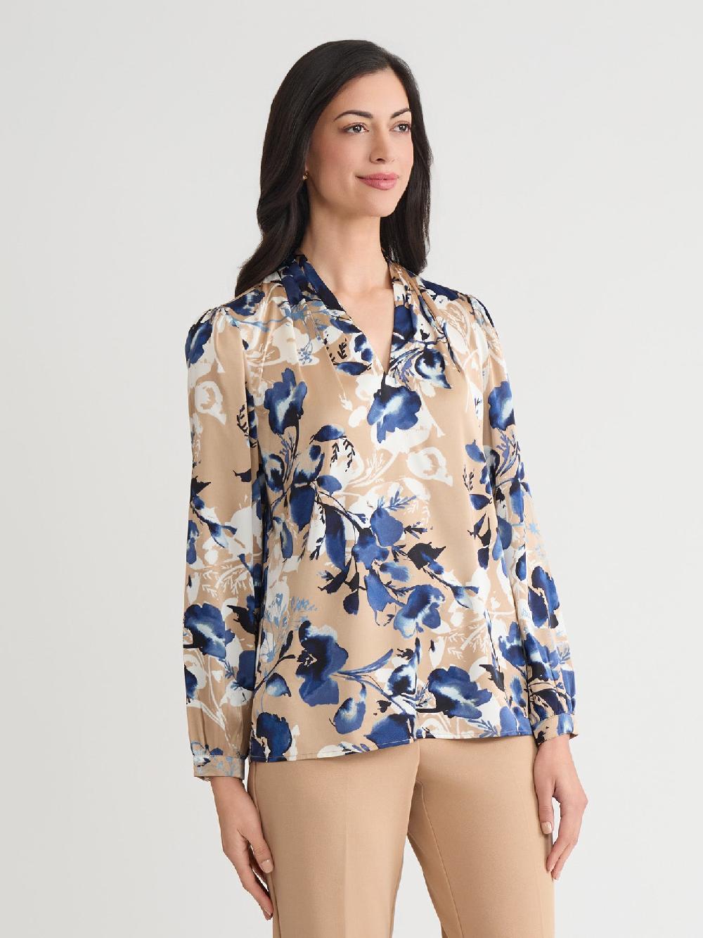 Kasper Plus V-Neck Pleated Shoulder Blouse Classic Drape