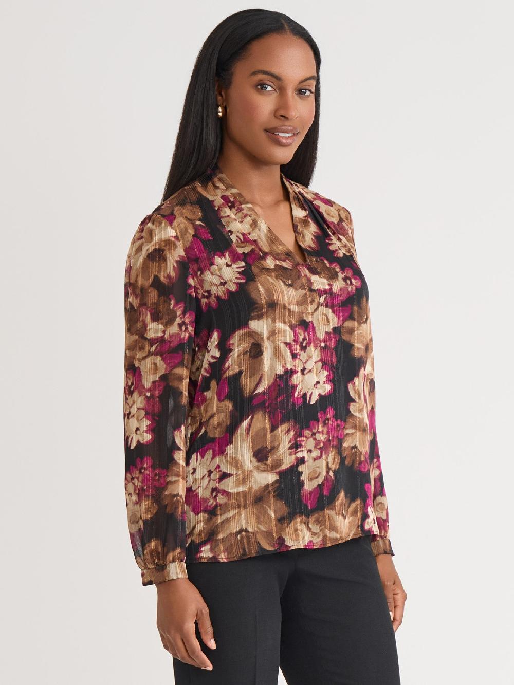 Kasper Plus V-Neck Pleated Shoulder Blouse Classic Drape