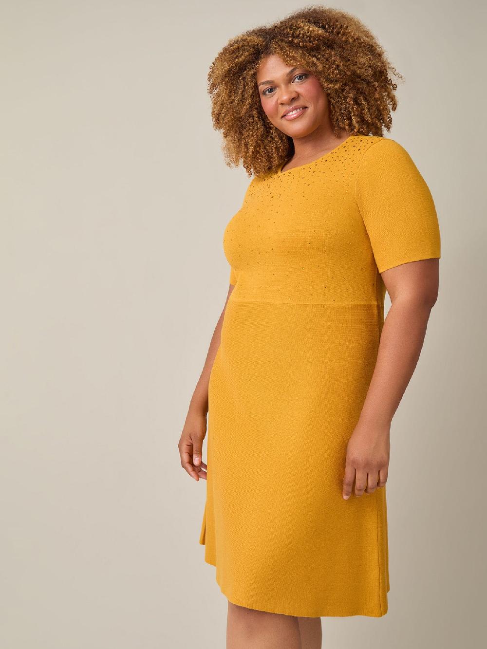 Kasper Quarter Sleeve Crew Neck Dress Gold Signature