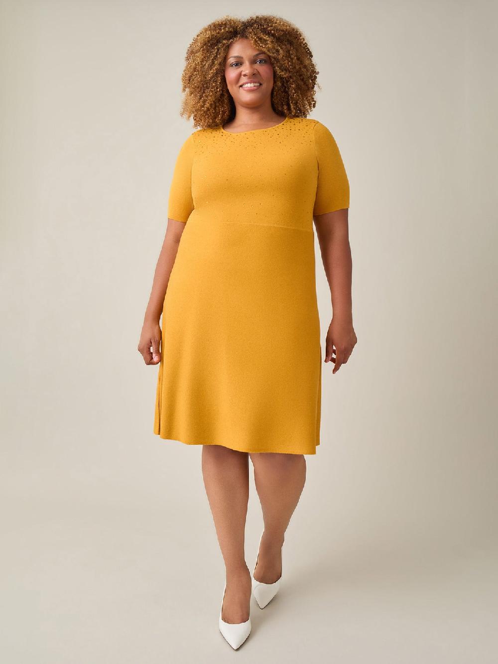 kasper Quarter Sleeve Crew Neck Dress Gold Signature