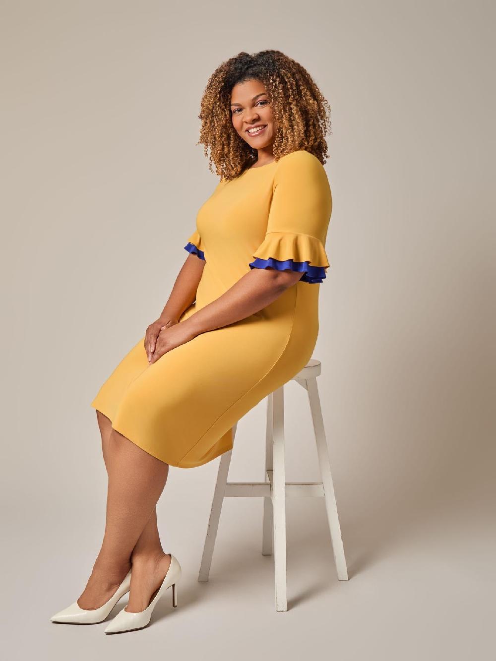 Kasper Ruffle Sleeve Shift Dress Gold Signature/Royal Signature