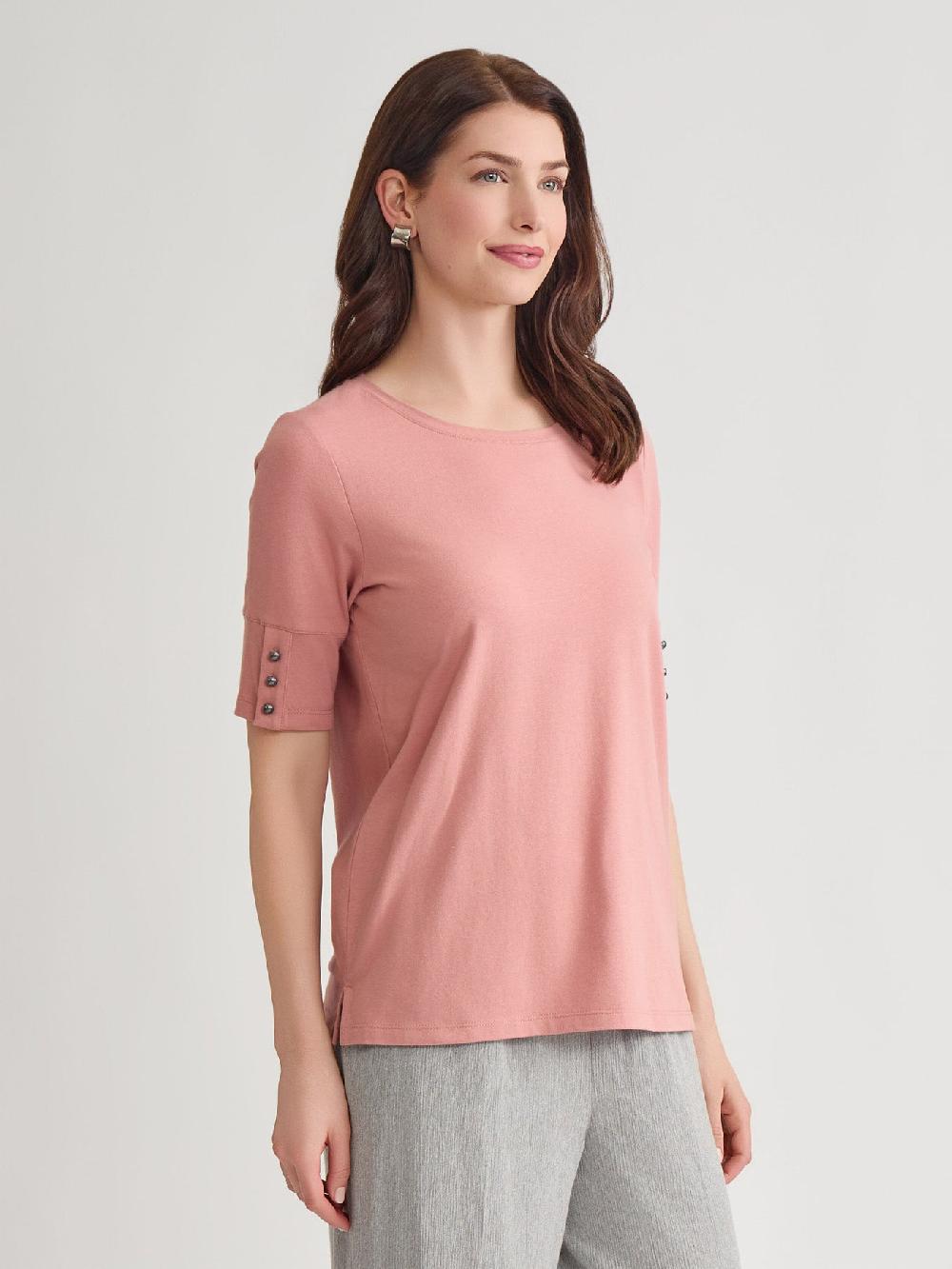 Kasper Short Sleeve Button Tee Stretch Cotton Blend