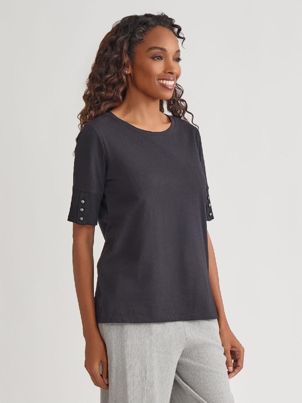 Kasper Short Sleeve Button Tee Stretch Cotton Blend