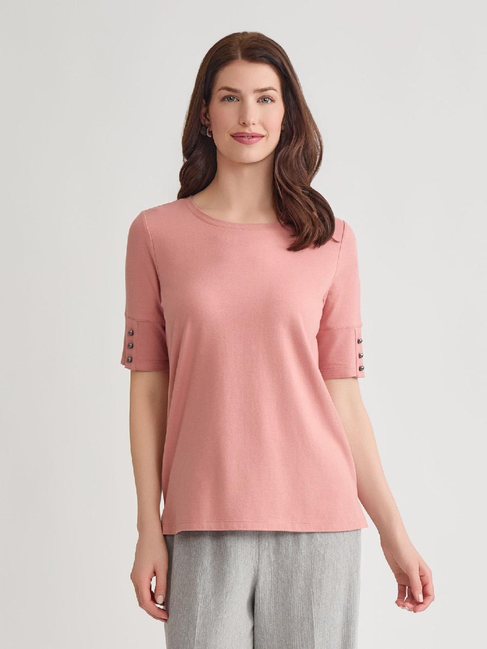 kasper Short Sleeve Button Tee Stretch Cotton Blend