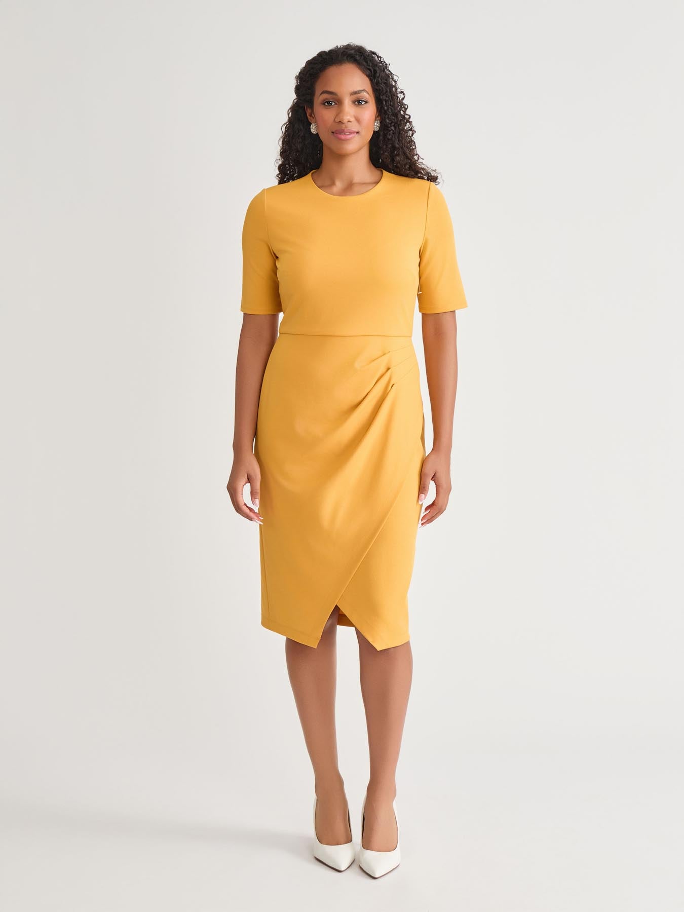 kasper Short Sleeve Wrap Skirt Dress Gold Signature