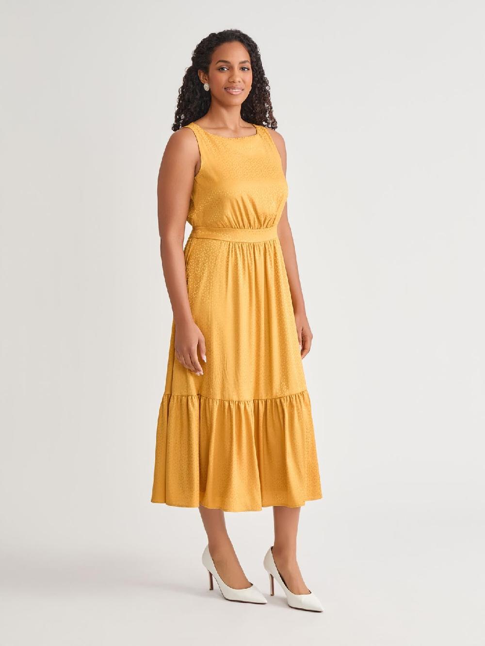 Kasper Sleeveless Boat Neck Tiered Dress Gold Signature