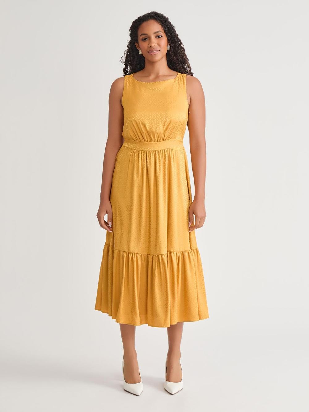 kasper Sleeveless Boat Neck Tiered Dress Gold Signature