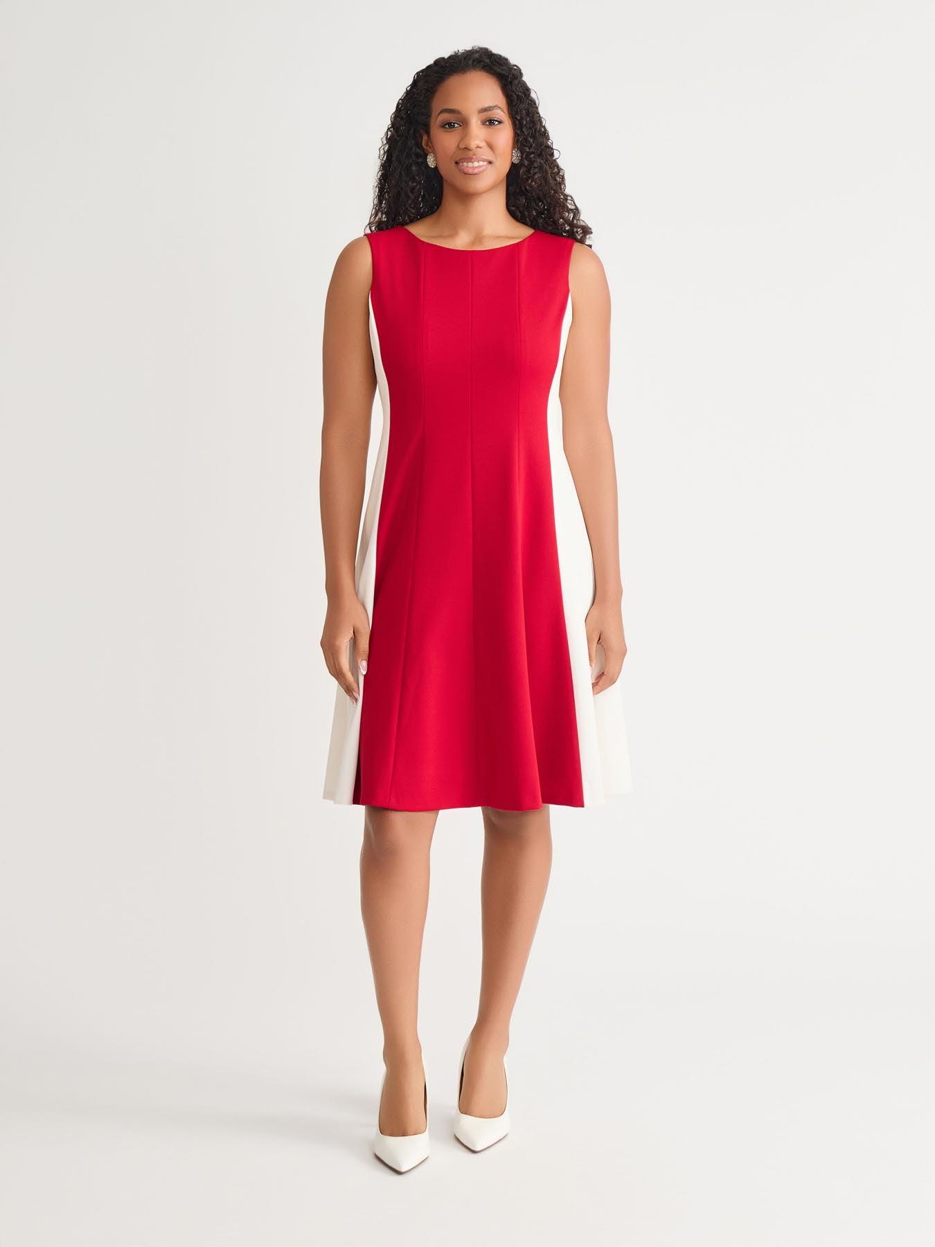 kasper Sleeveless Multi Seam Fit-and-Flare Dress Crimson/Cream