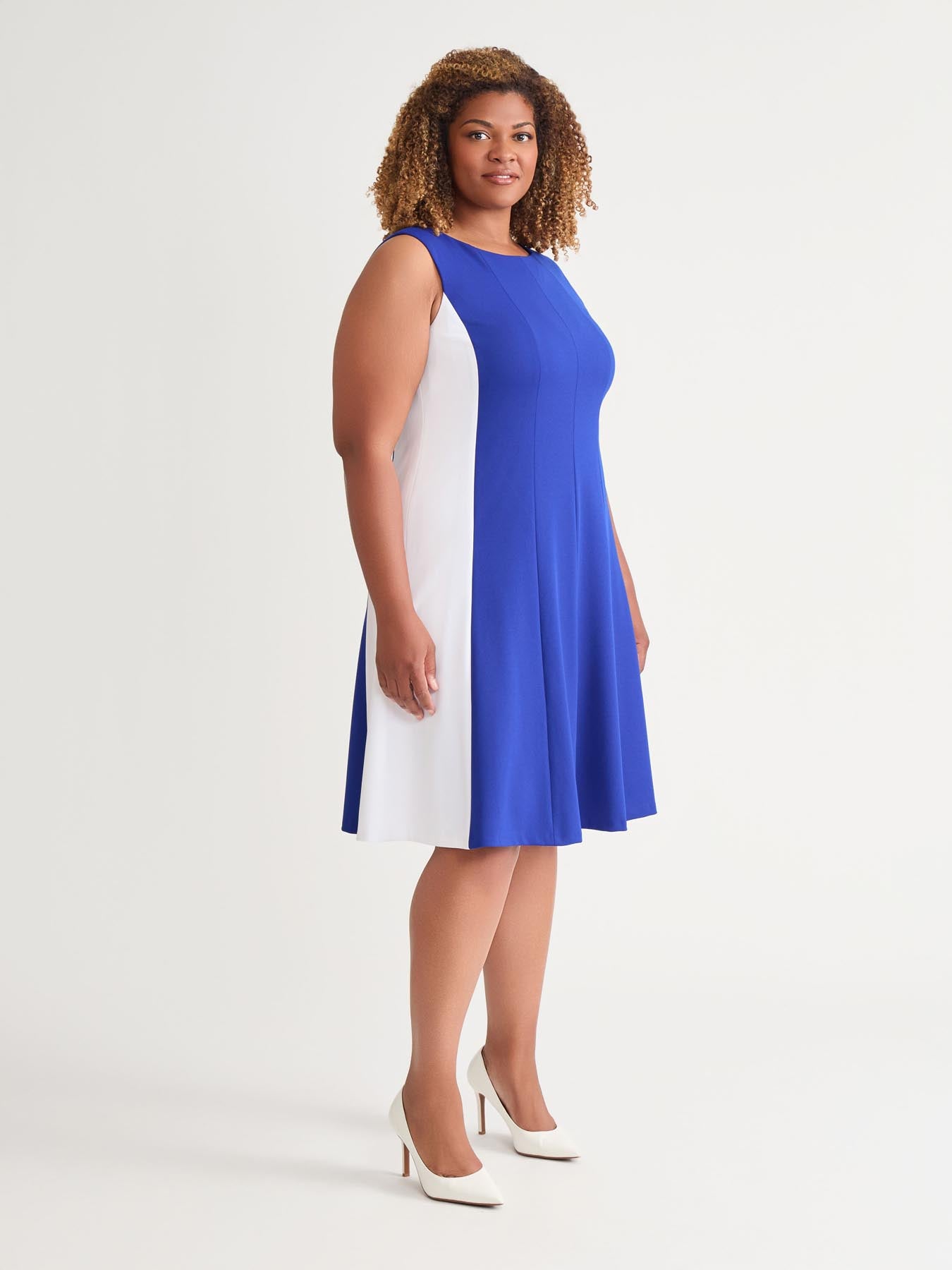 Kasper Sleeveless Multi Seam Fit-and-Flare Dress Royal Signature/White