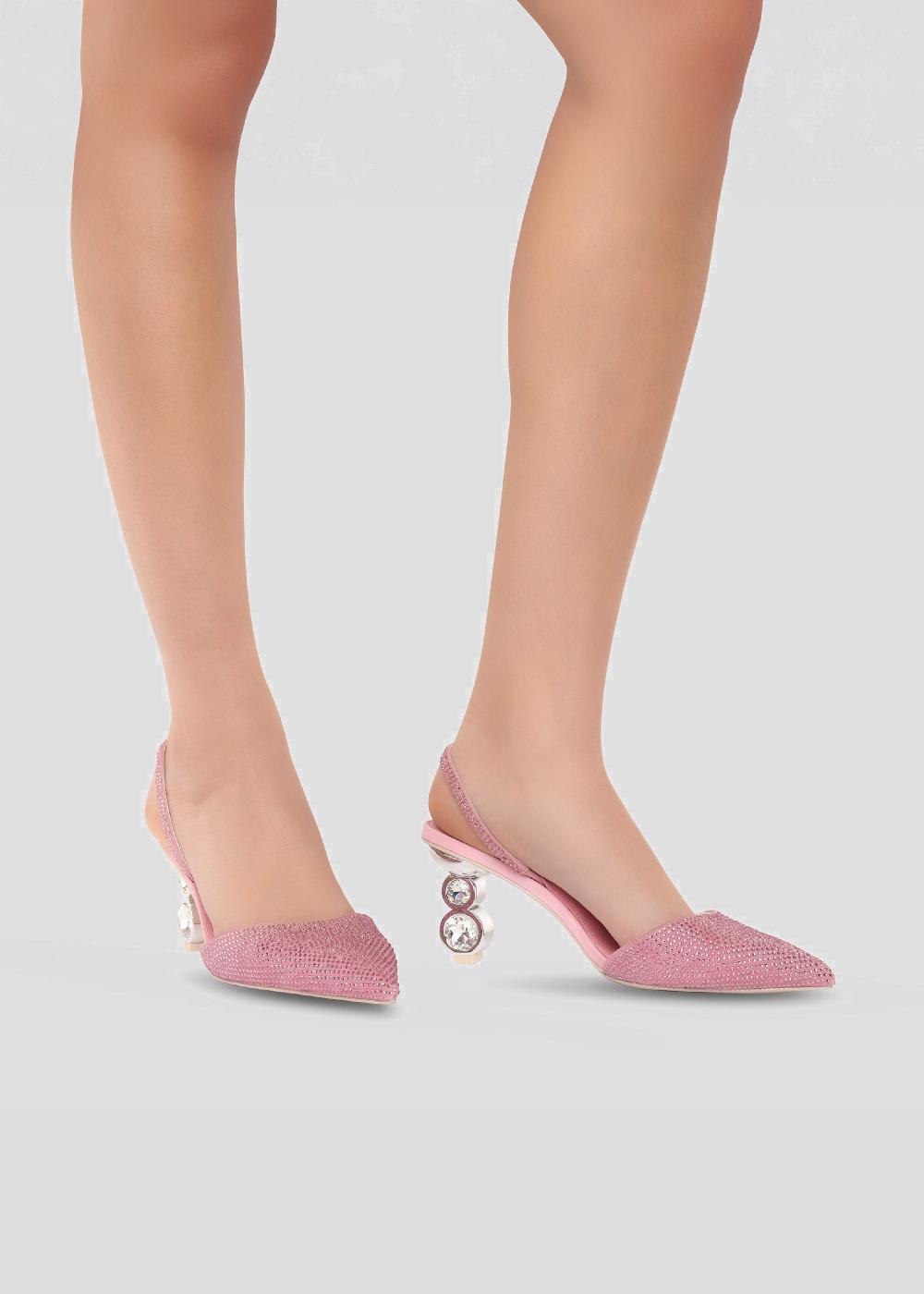 Kat Maconie Aletta Pumps AW23 GEM STACK HEEL Cheeky Pink/Silver