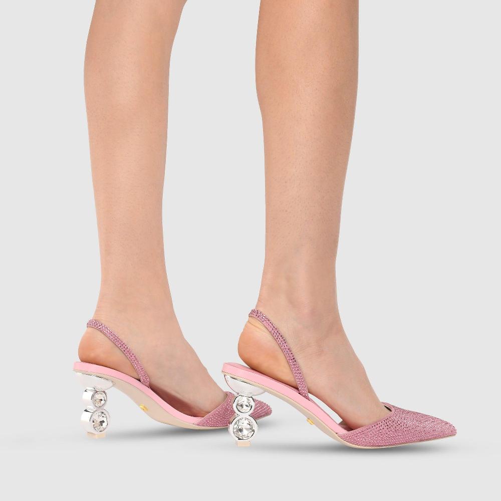 Kat Maconie Aletta Pumps AW23 GEM STACK HEEL Cheeky Pink/Silver