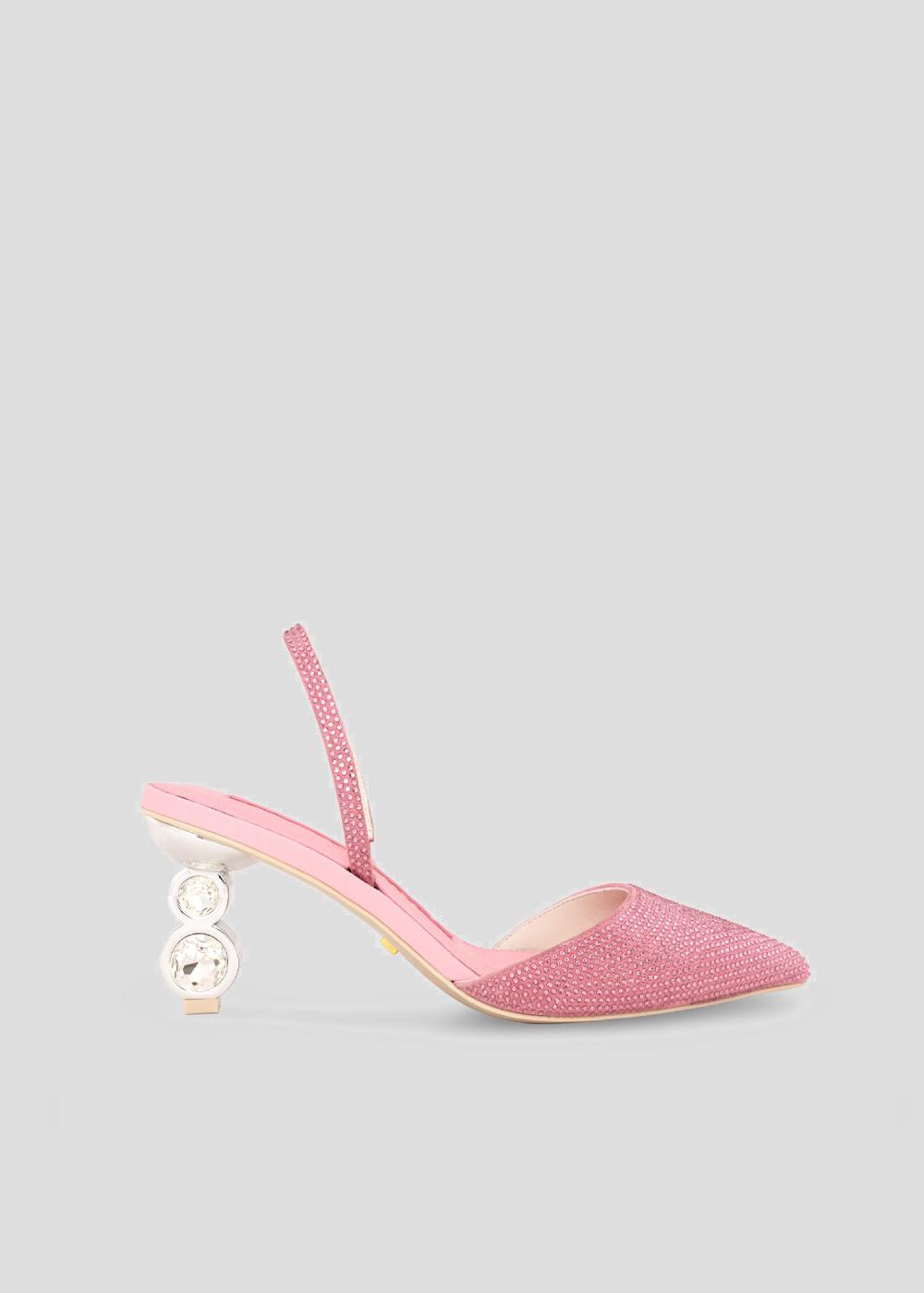 kat maconie Aletta Pumps AW23 GEM STACK HEEL Cheeky Pink/Silver