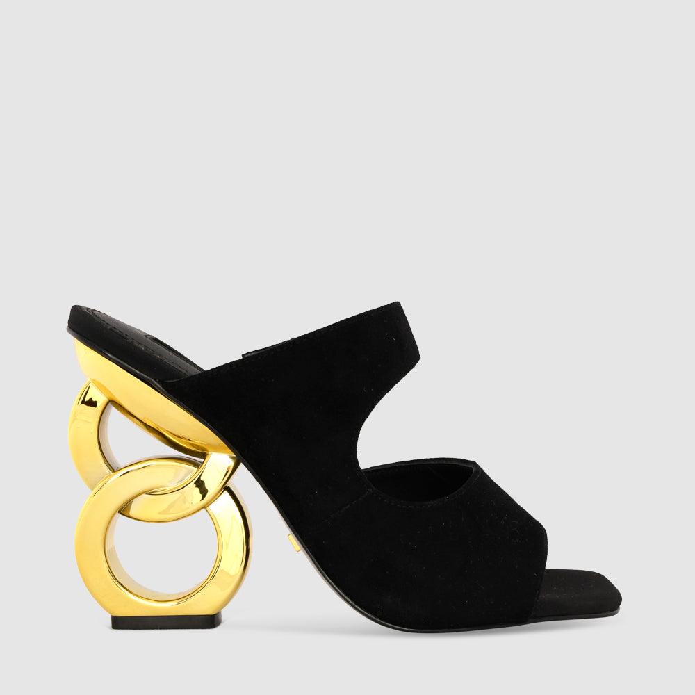 kat maconie Ezzi Sandals RS23 DOUBLE CHAIN HEEL Black/Gold