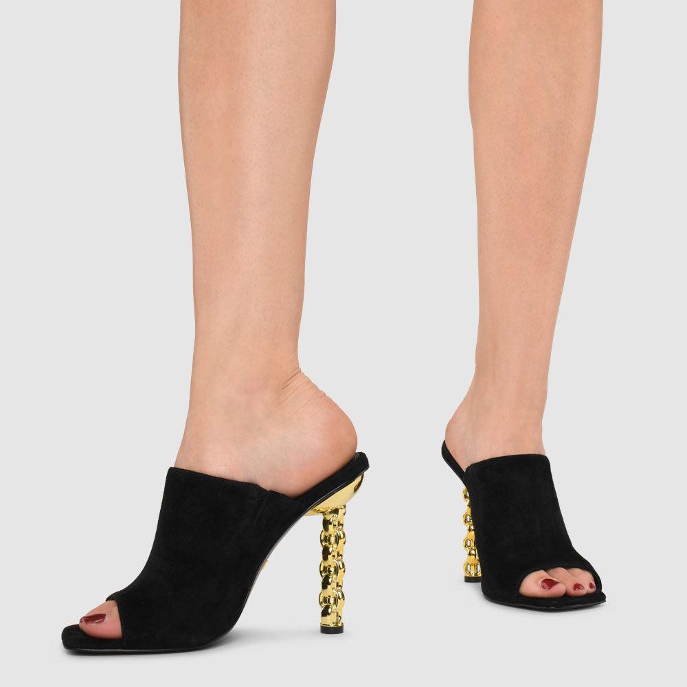 Kat Maconie Gia Sandals RS23 STILETTO CHAIN HEEL Black/Gold