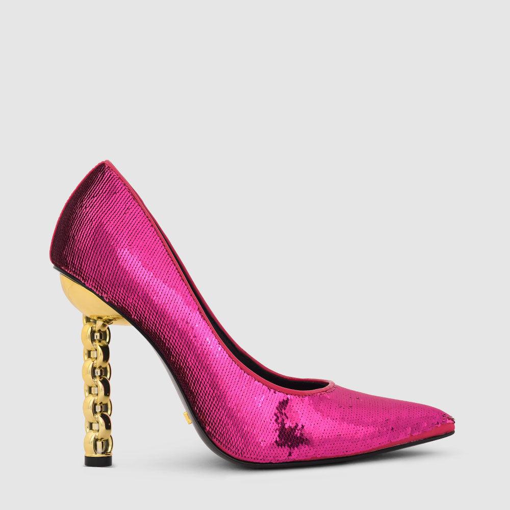 kat maconie Lydia Pumps RS23 STILETTO CHAIN HEEL Fuchsia Sequin