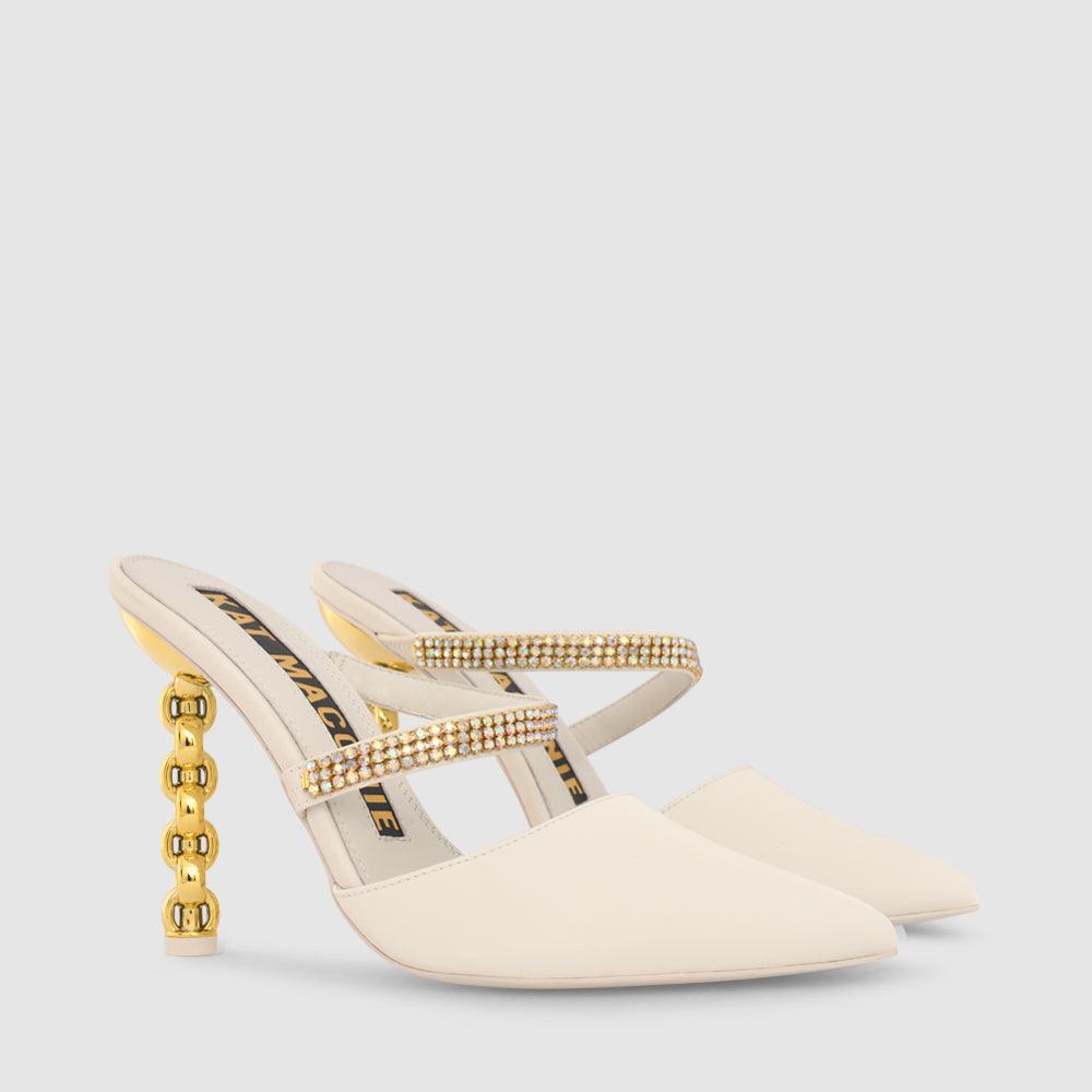 Kat Maconie Maddy Mules RS23 STILETTO CHAIN HEEL Blanc AB