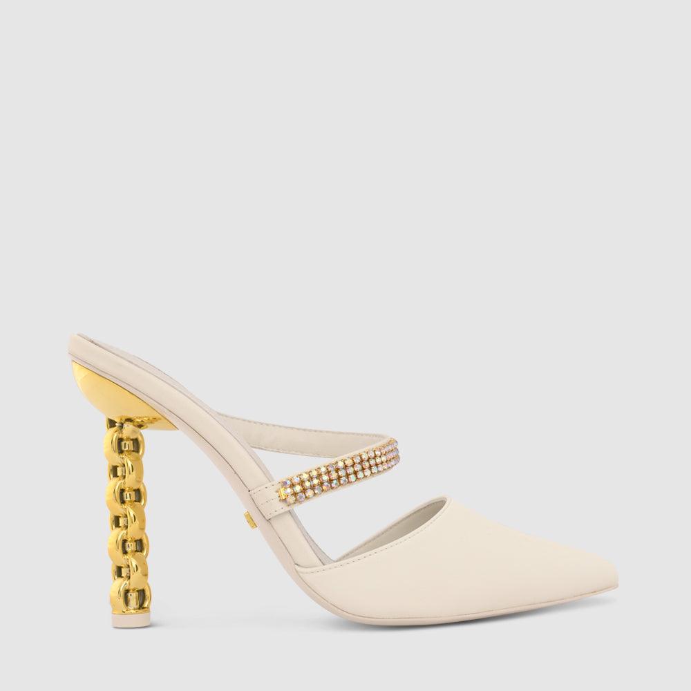 kat maconie Maddy Mules RS23 STILETTO CHAIN HEEL Blanc AB