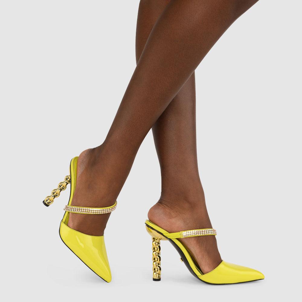 Kat Maconie Maddy Mules RS23 STILETTO CHAIN HEEL Lime Punch