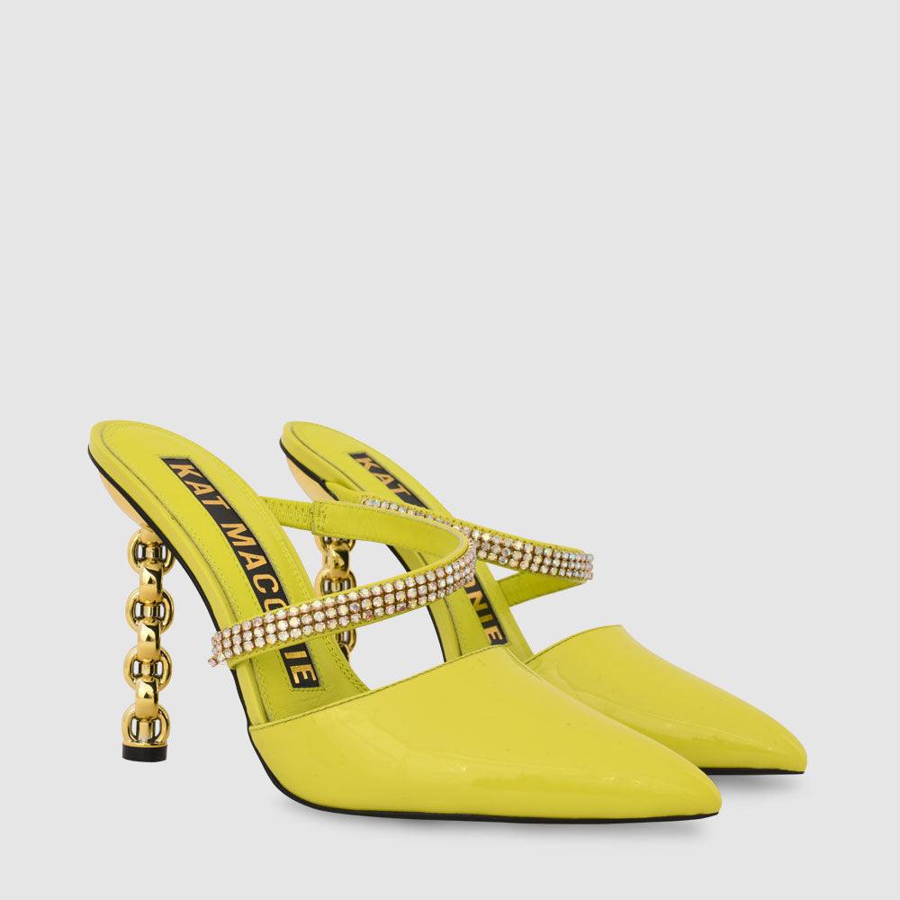 Kat Maconie Maddy Mules RS23 STILETTO CHAIN HEEL Lime Punch