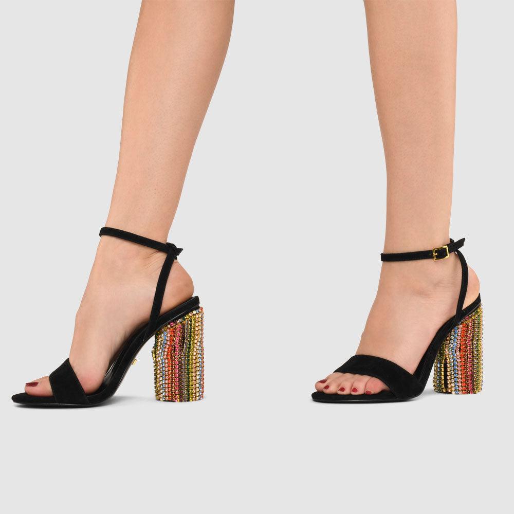 Kat Maconie Olive Sandals RS23 CYLINDER HEEL Black/Multi Crystals