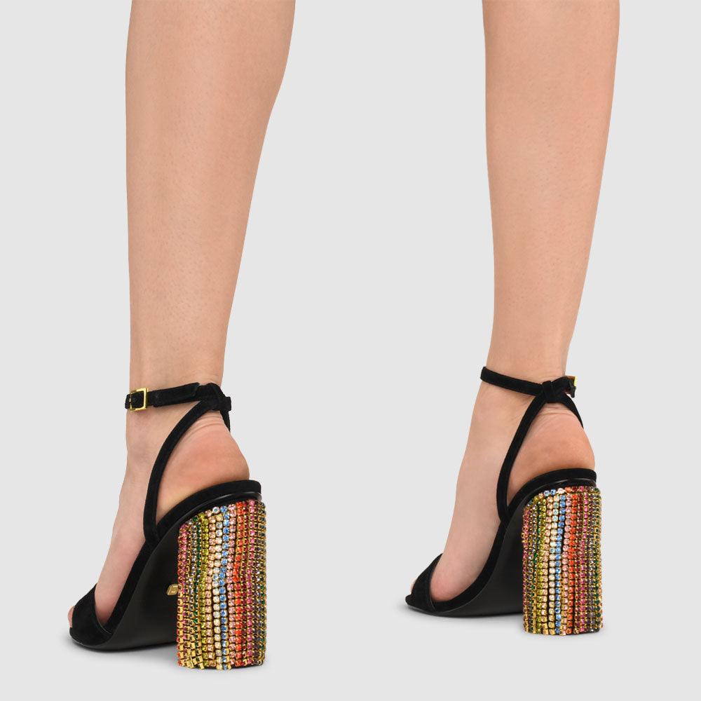 Kat Maconie Olive Sandals RS23 CYLINDER HEEL Black/Multi Crystals