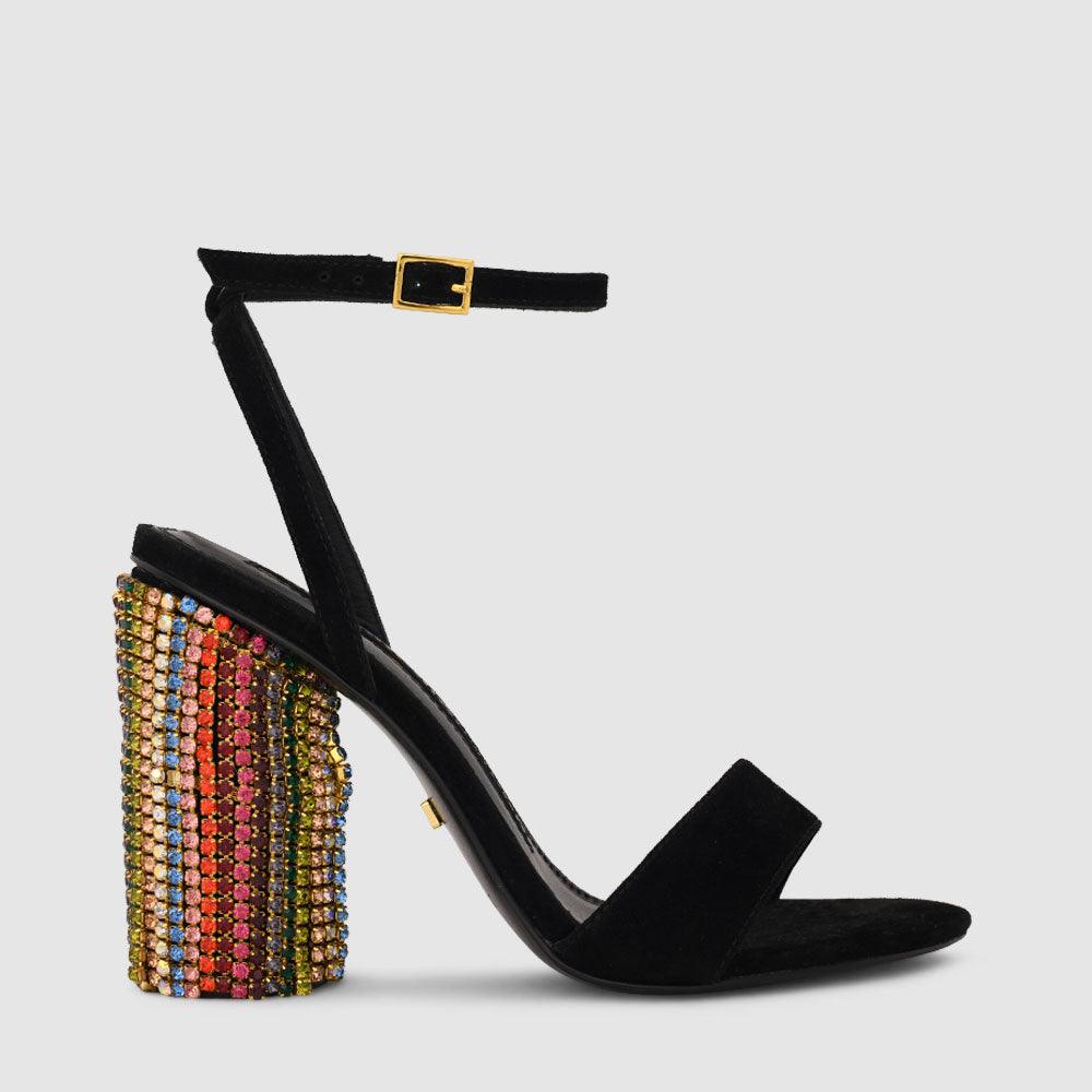 kat maconie Olive Sandals RS23 CYLINDER HEEL Black/Multi Crystals