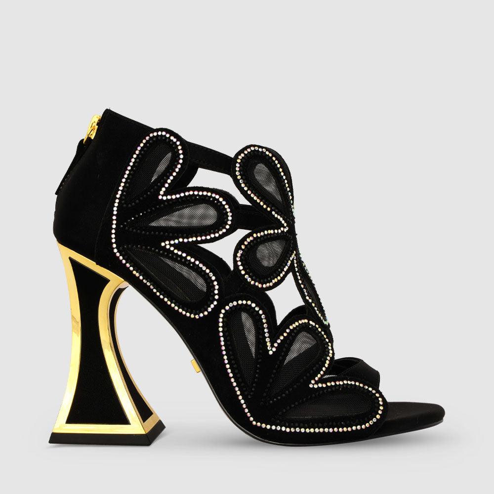 kat maconie Rene Sandals AW23 FLARED HEEL Black/Gold AB