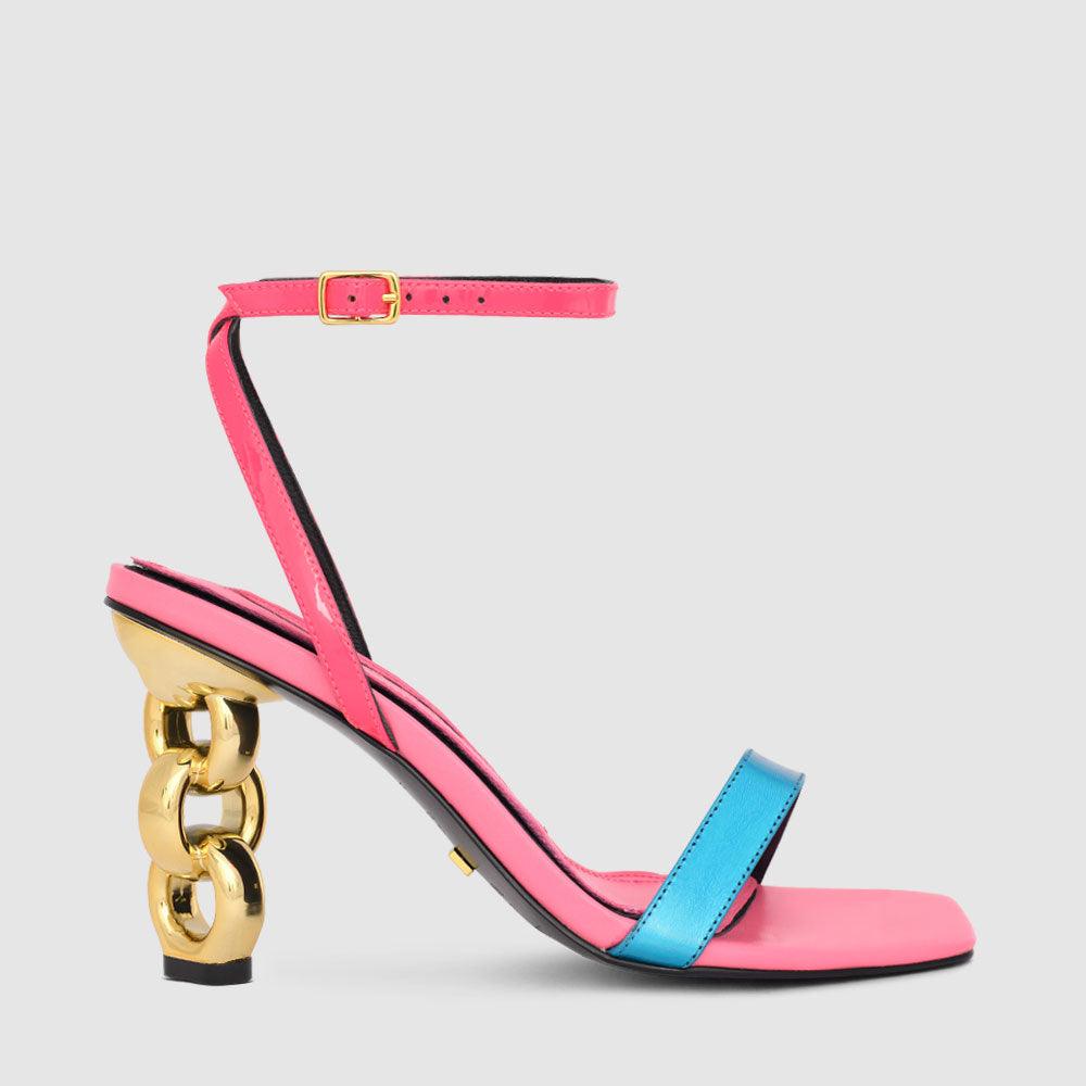 kat maconie Riri Sandals AW22 MULTI CHAIN HEEL SANDAL Aqua Iridecent/Multi