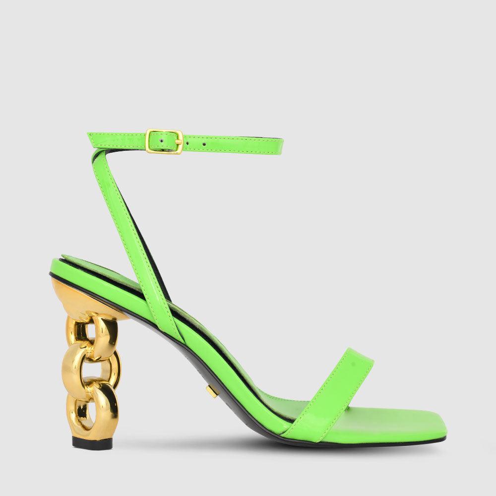 kat maconie Riri Sandals AW22 MULTI CHAIN HEEL SANDAL Highlighter Green