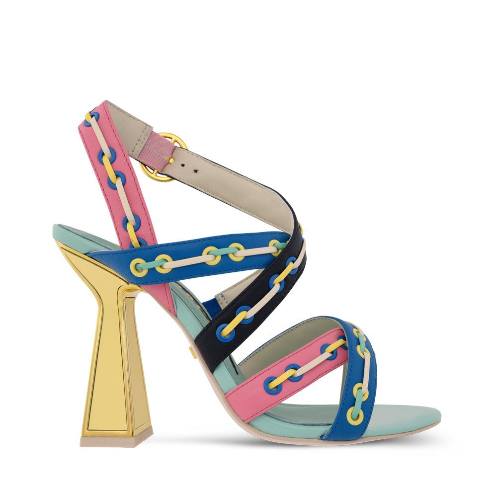 kat maconie Toro Sandals SS21 HOURGLASS FRAME HEEL Scuba Blue/Multi