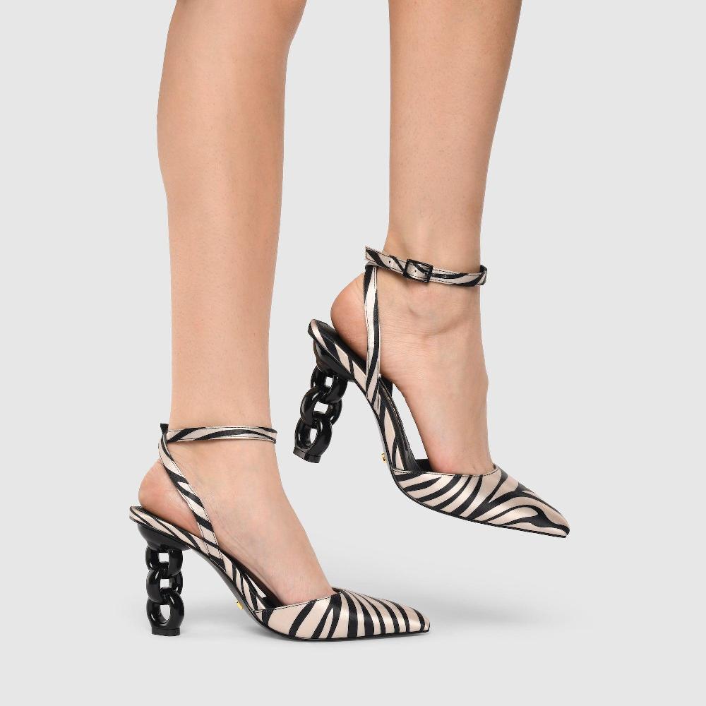 Kat Maconie Zalta Pumps AW23 MULTI CHAIN HEEL Almond Zebra