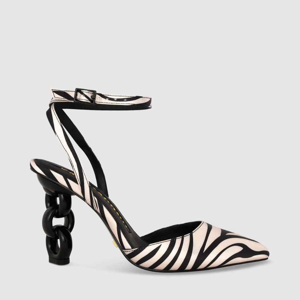kat maconie Zalta Pumps AW23 MULTI CHAIN HEEL Almond Zebra