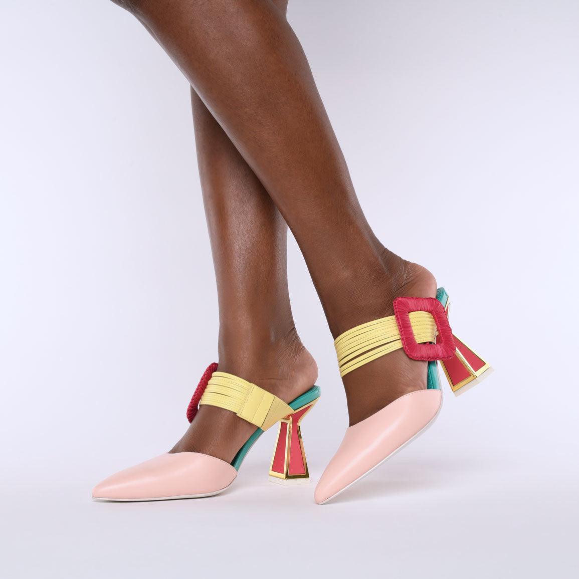 Kat Maconie Zestra Mules SS22 Mid Hourglass Heel Sandal Multibrights
