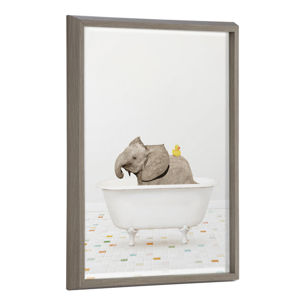 kate & laurel Blake Baby Elephant Bath Time with Rubber Ducky Framed Printed Glass by Amy Peterson Art Studio
