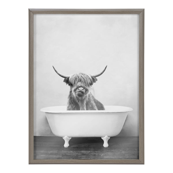 Kate & Laurel Blake Highland Cow In The Tub BW Framed Printed Glass By Amy Peterson Art Studio