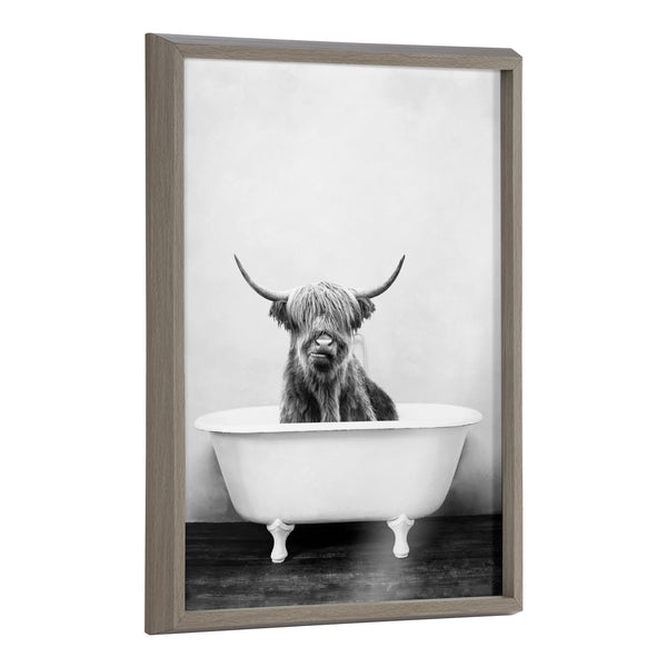 kate & laurel Blake Highland Cow in the Tub BW Framed Printed Glass by Amy Peterson Art Studio