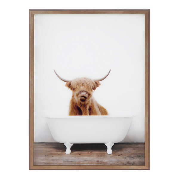 Kate & Laurel Blake Highland Cow In Tub Color Framed Printed Glass By Amy Peterson Art Studio
