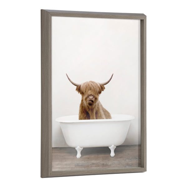 kate & laurel Blake Highland Cow in Tub Color Framed Printed Glass by Amy Peterson Art Studio
