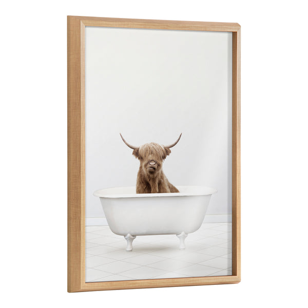 Kate & Laurel Blake Highland Cow Solo Bathtub Framed Printed Glass By Amy Peterson Art Studio